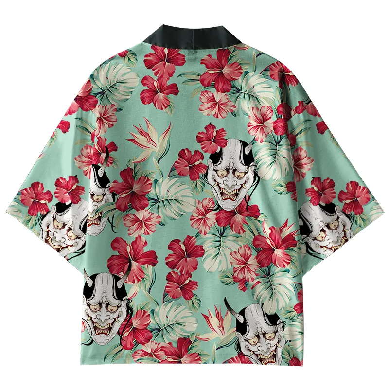 Tokyo-Tiger Demon Mask Among Flowers Kimono Cardigan