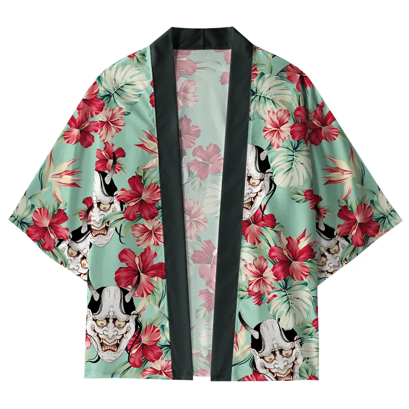 Tokyo-Tiger Demon Mask Among Flowers Kimono Cardigan Sale