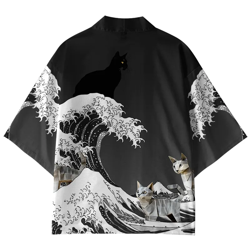 Tokyo-Tiger The Great Wave Off Cat Kimono Cardigan