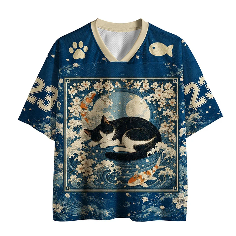 Tokyo-Tiger Sleeping Cat And Waves Mesh Jersey
