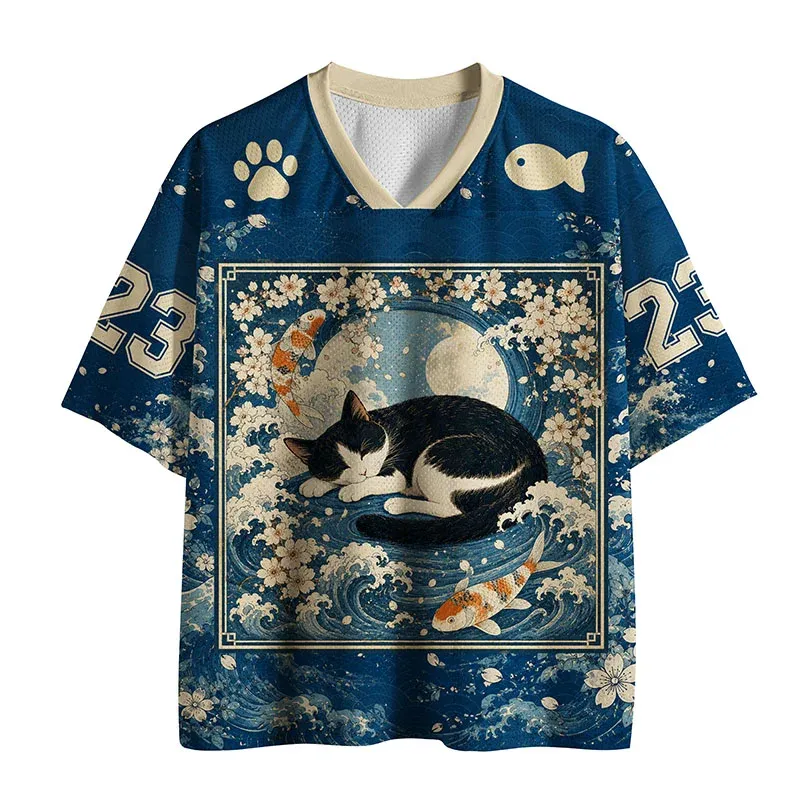 Tokyo-Tiger Sleeping Cat And Waves Mesh Jersey Sale