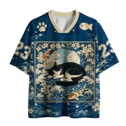 Tokyo-Tiger Sleeping Cat And Waves Mesh Jersey