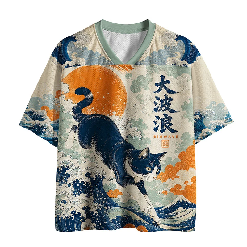 Tokyo-Tiger Cat Surfing Ukiyo-e Mesh Jersey