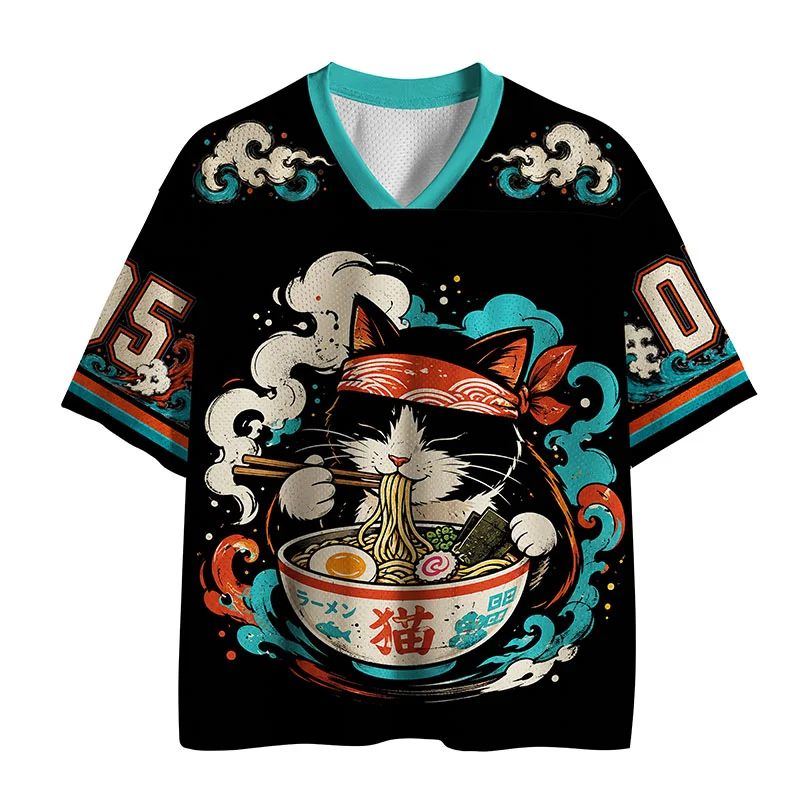 Tokyo-Tiger Black Cat Eats Ramen In Big Bites Mesh Jersey