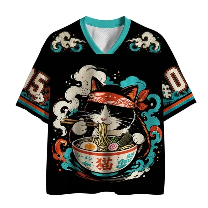 Tokyo-Tiger Black Cat Eats Ramen In Big Bites Mesh Jersey