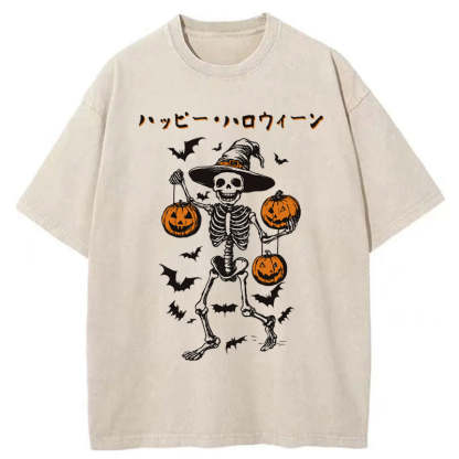 Tokyo-Tiger Skeleton Spooky Season Halloween Washed T-Shirt