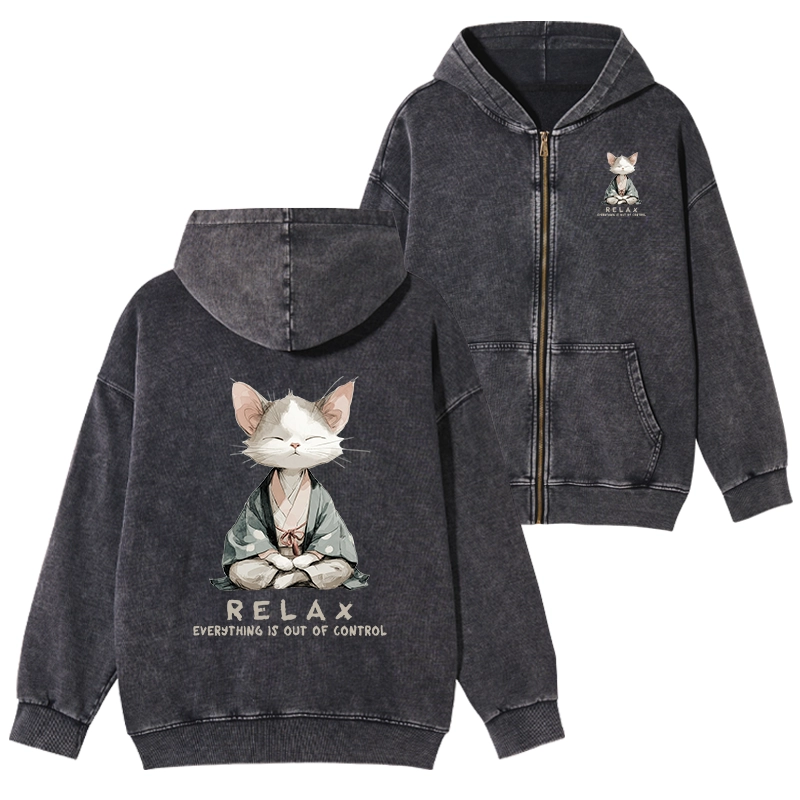 Tokyo-Tiger Zen Cat Relaxation，Everything's Out Of Control Washed Zip Hoodie