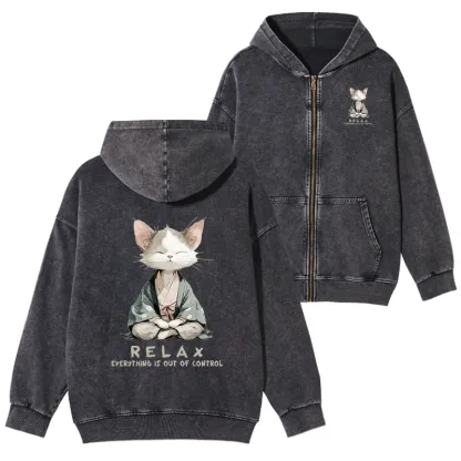 Tokyo-Tiger Zen Cat Relaxation，Everything's Out Of Control Washed Zip Hoodie