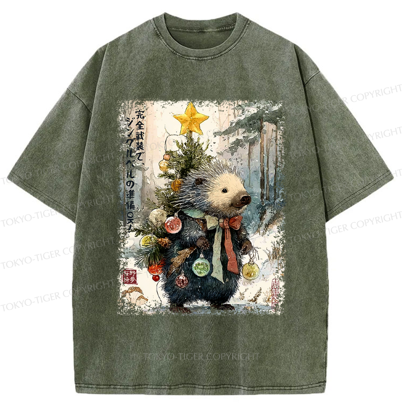 Tokyo-Tiger Hedgehog: Decked Out and Ready to Jingle! Washed T-Shirt