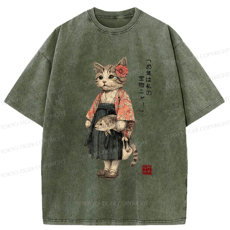 Tokyo-Tiger Cat Princess With Her Treasure Washed T-Shirt