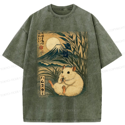 Tokyo-Tiger Funny Hamster Mount Fuji Flower meme Washed T-Shirt
