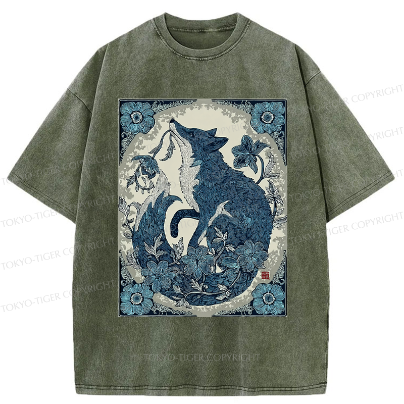 Tokyo-Tiger Floral Fox Aesthetic Washed T-Shirt