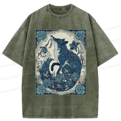 Tokyo-Tiger Floral Fox Aesthetic Washed T-Shirt