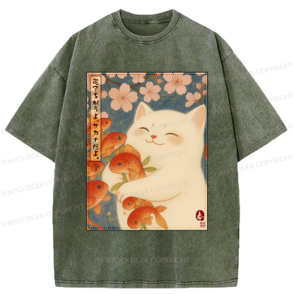 Tokyo-Tiger Funny Ukiyoe Cat and Fish Flower Washed T-Shirt