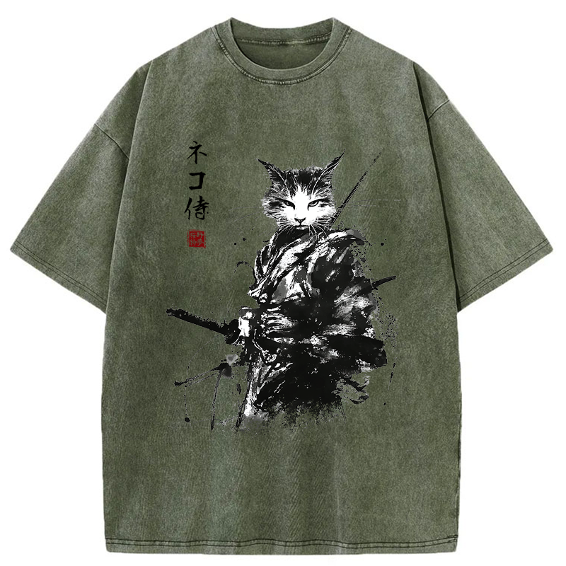 Tokyo-Tiger Inkblade Samurai Cat Washed T-Shirt
