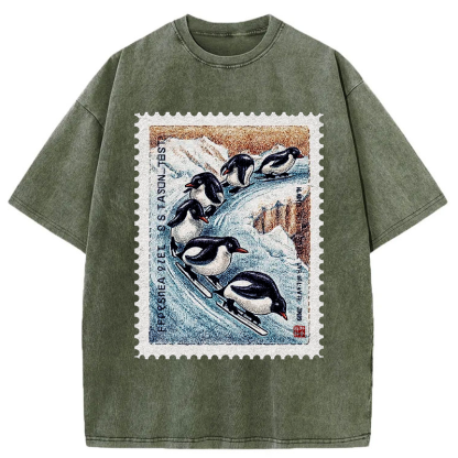 Tokyo-Tiger Gliding Penguin Stamp Washed T-Shirt