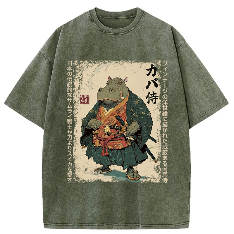 Tokyo-Tiger Samurai Hippo: Slicer of Melons Washed T-Shirt