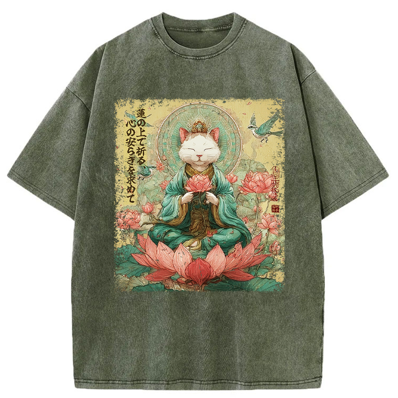 Tokyo-Tiger Lotus Whisper Cat:Calm Reflections Washed T-Shirt