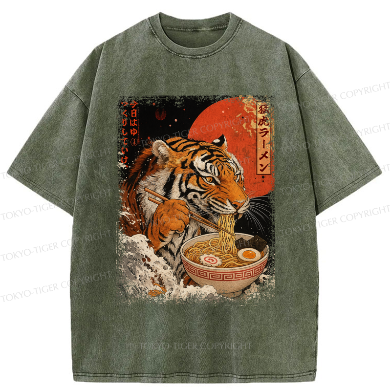 Tokyo-Tiger Ukiyoe Japan Tiger Eating Ramen Washed T-Shirt