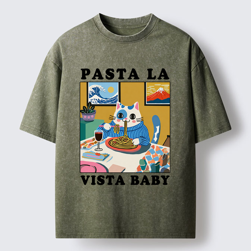 Tokyo-Tiger Wine, Pasta, and Meow Washed T-Shirt