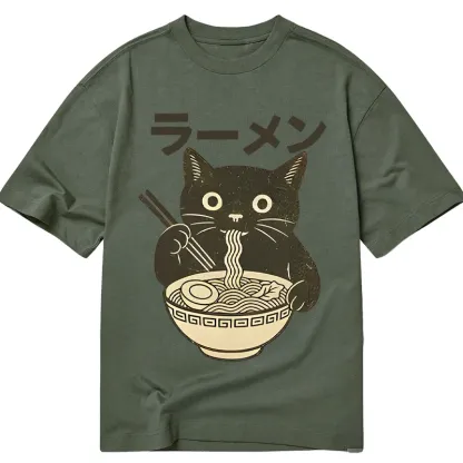Tokyo-Tiger Simple Black Cat Eating Ramen Classic T-Shirt