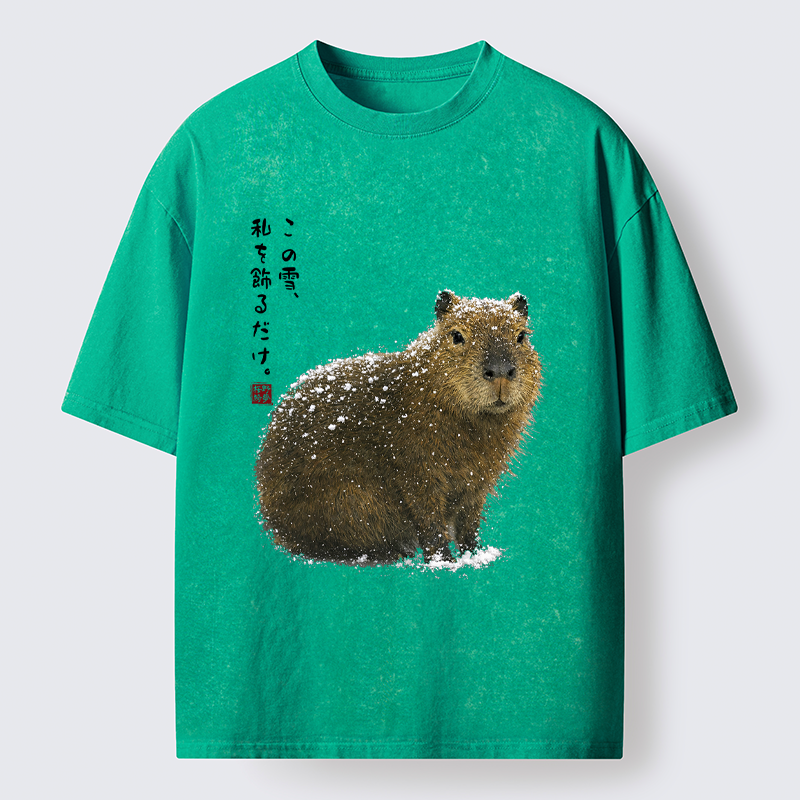 Tokyo-Tiger Snow Adorns Me: Capybara Serenity Washed T-Shirt