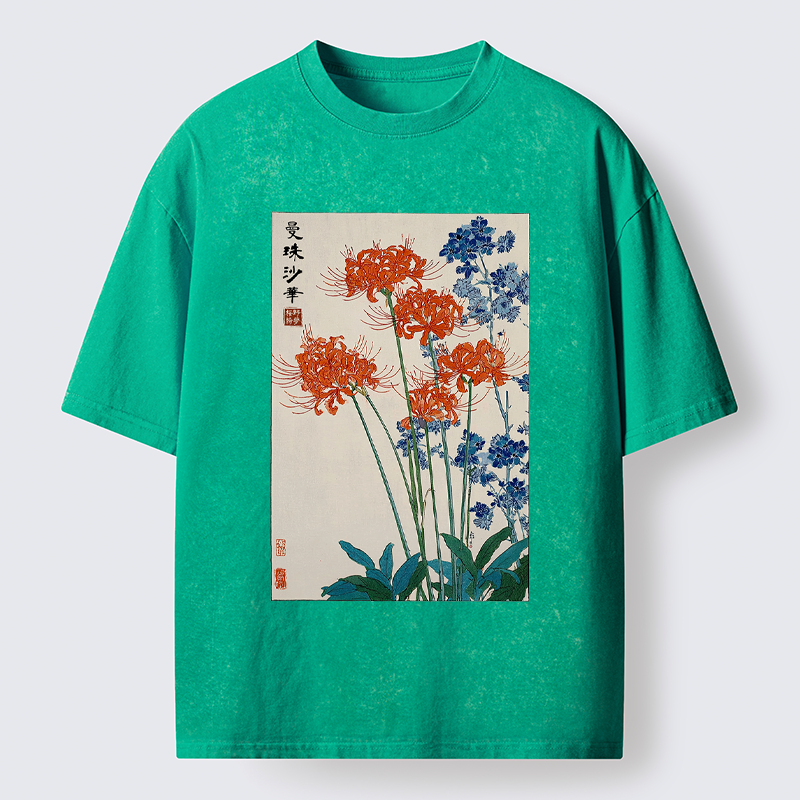 Tokyo-Tiger Red Spider Lily Bloom Washed T-Shirt