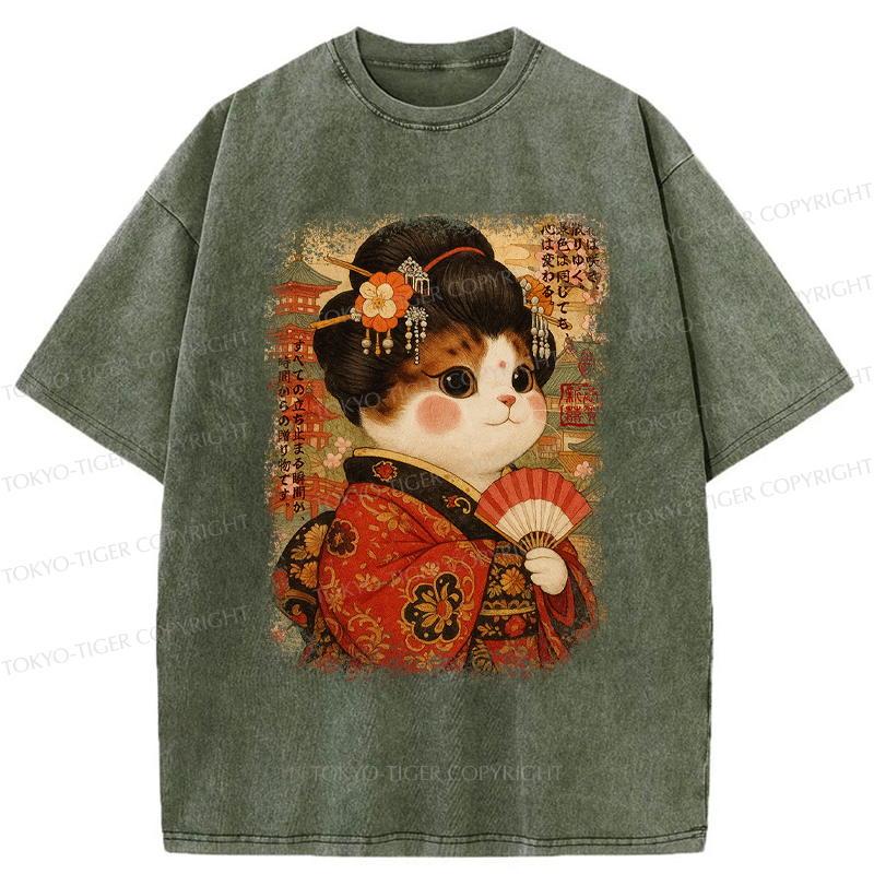 Tokyo-Tiger Ukiyoe Japanese Cat Princess Washed T-Shirt