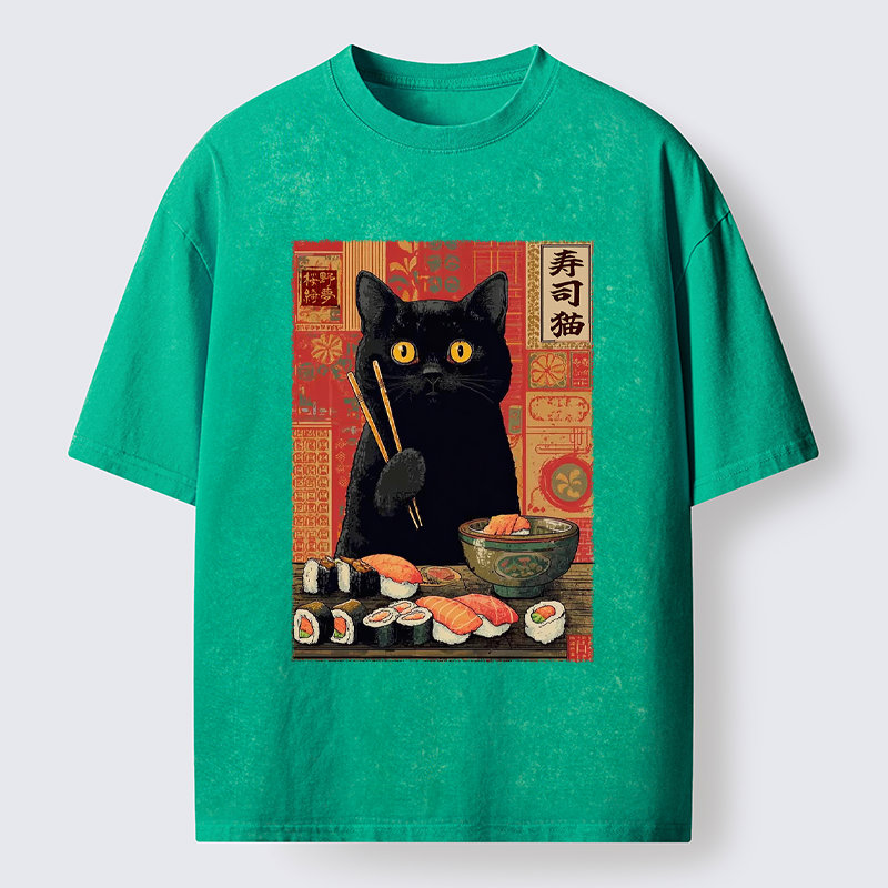Tokyo-Tiger Neko Eats Sushi Washed T-Shirt