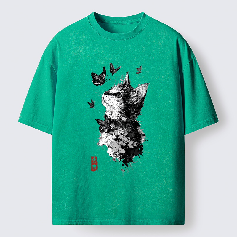 Tokyo-Tiger Butterfly and Cat Gaze Washed T-Shirt