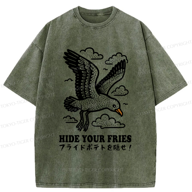 Tokyo-Tiger Funny Seagulls Stealing French Fries Washed T-Shirt