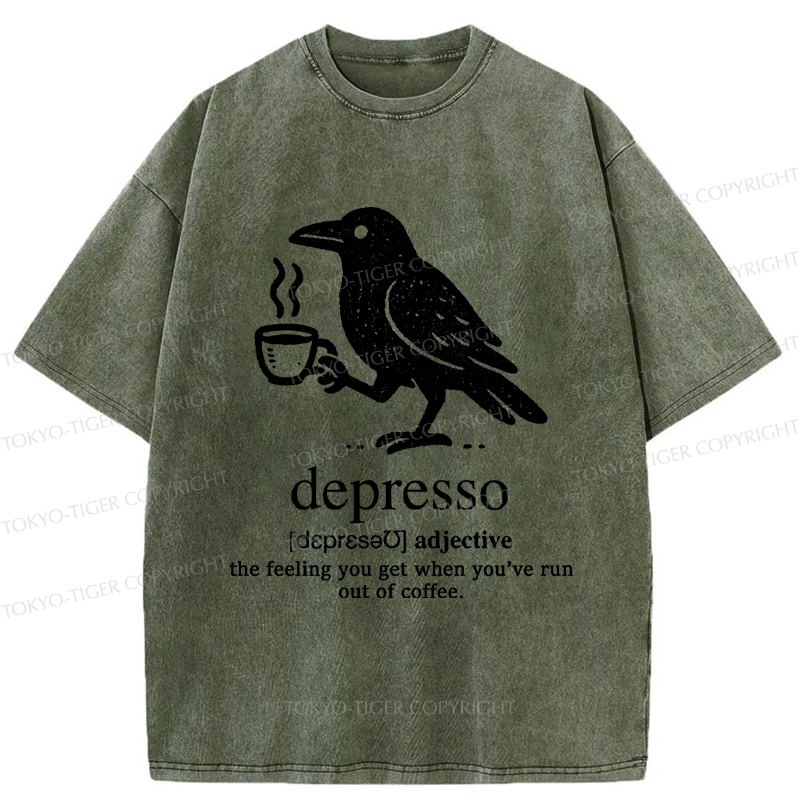 Tokyo-Tiger Funny  Crow Coffee Depresso Woodblock Washed T-Shirt