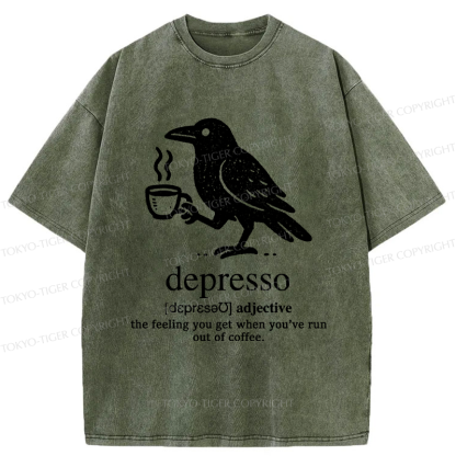 Tokyo-Tiger Funny  Crow Coffee Depresso Woodblock Washed T-Shirt