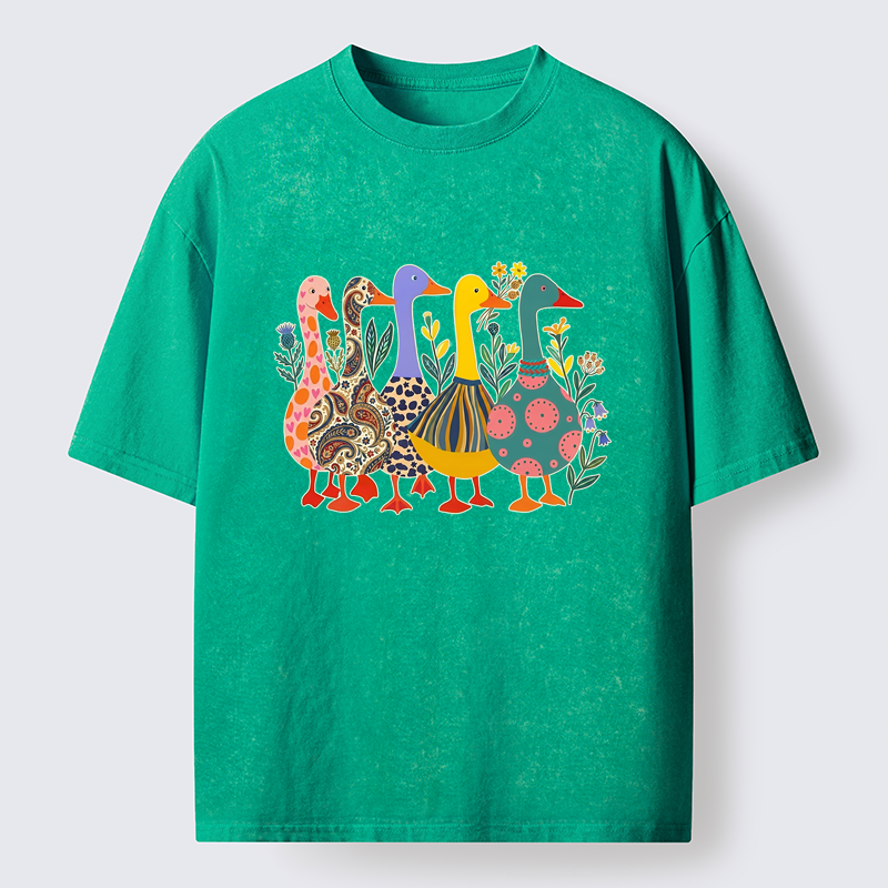 Tokyo-Tiger Whimsical Folk-Art Goose Quintet Washed T-Shirt