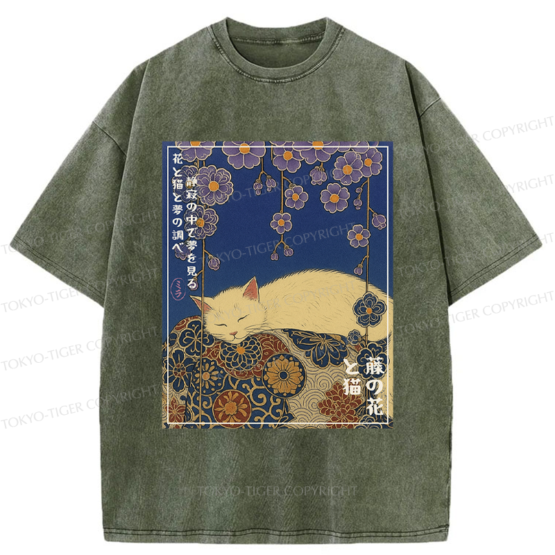 Tokyo-Tiger Ukiyoe Wisteria Flowers and Cats Washed T-Shirt