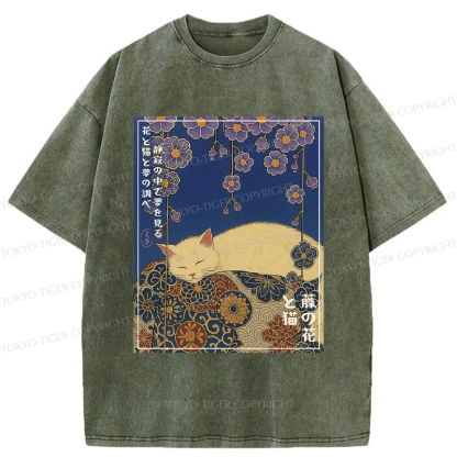 Tokyo-Tiger Ukiyoe Wisteria Flowers and Cats Washed T-Shirt