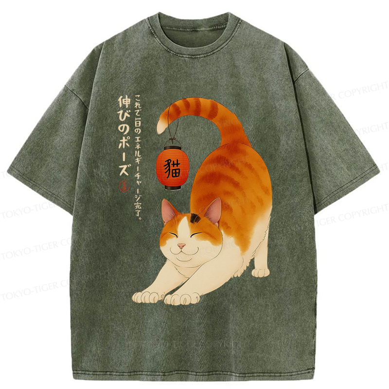Tokyo-Tiger Funny Cat Yoga Energy Charging Washed T-Shirt