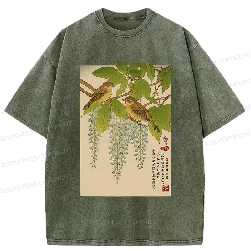 Tokyo-Tiger Ukiyoe Bird on the wisteria treetop Washed T-Shirt
