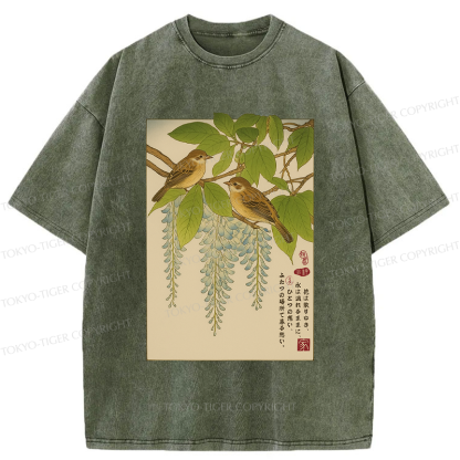 Tokyo-Tiger Ukiyoe Bird on the wisteria treetop Washed T-Shirt