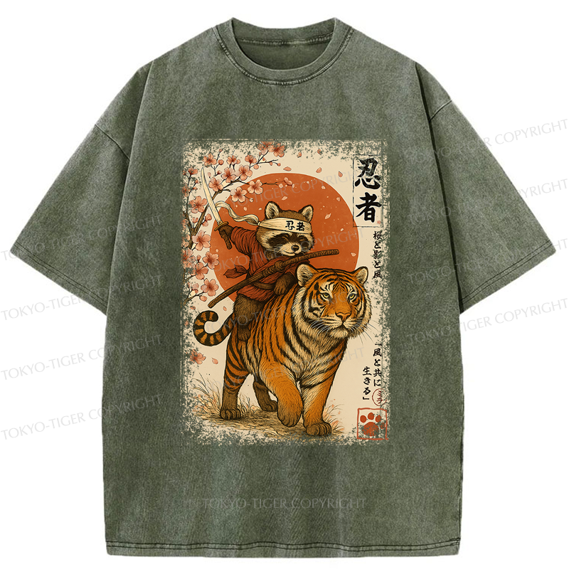 Tokyo-Tiger Ukiyoe Raccoon Samurai Riding a Tiger Washed T-Shirt