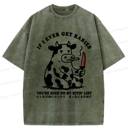 Tokyo-Tiger Funny On The Cow's Bite List Washed T-Shirt