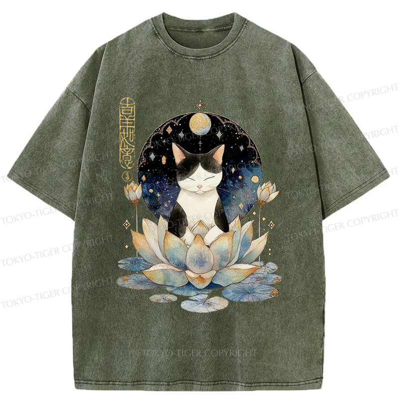 Tokyo-Tiger Funny Cat Lotus Zen Auspiciousness Washed T-Shirt