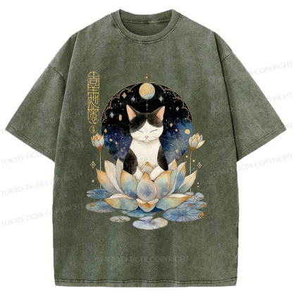 Tokyo-Tiger Funny Cat Lotus Zen Auspiciousness Washed T-Shirt