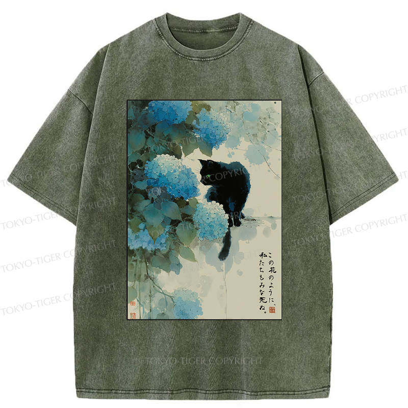 Tokyo-Tiger Like This Flower, We All Die-Hydrangea&Cat Washed T-Shirt