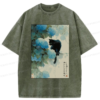Tokyo-Tiger Like This Flower, We All Die-Hydrangea&Cat Washed T-Shirt