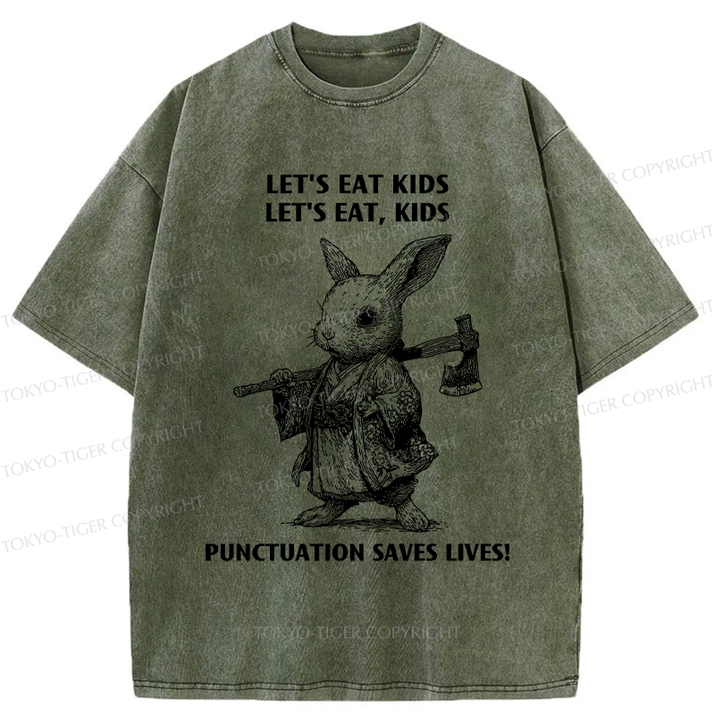 Tokyo-Tiger Punctuation Saves Lives-Samurai Rabbit Washed T-Shirt