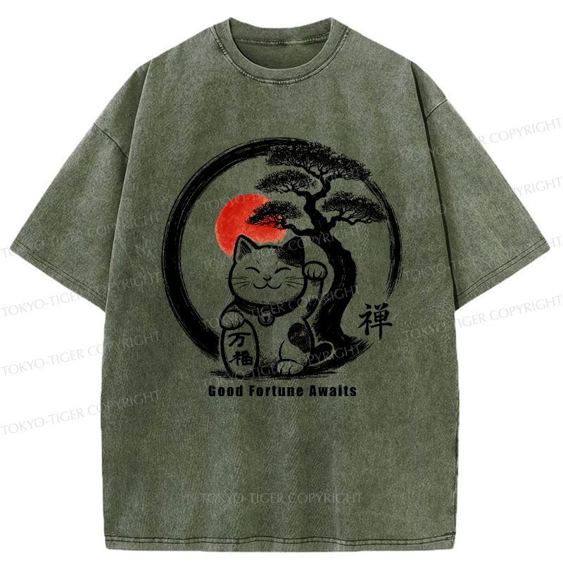 Tokyo-Tiger Lucky Maneki-Neko Zen Washed T-Shirt