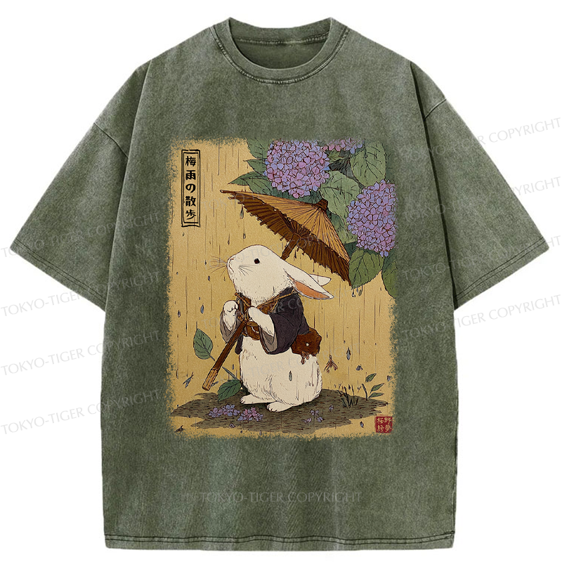 Tokyo-Tiger Ukiyoe Rainy Stroll Bunny Washed T-Shirt