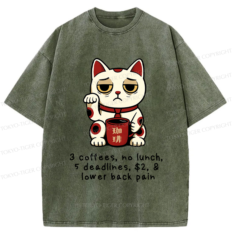 Tokyo-Tiger Funny Workaholic Lucky Cat Washed T-Shirt