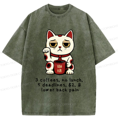 Tokyo-Tiger Funny Workaholic Lucky Cat Washed T-Shirt